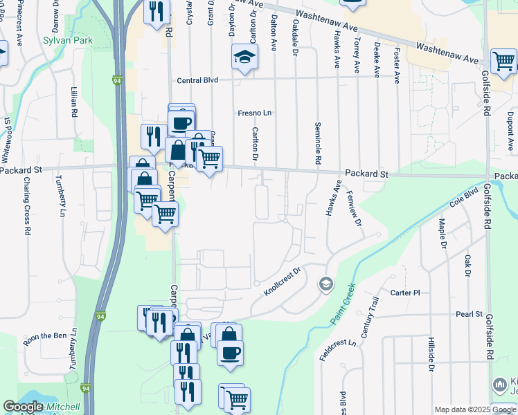 map of restaurants, bars, coffee shops, grocery stores, and more near 3120 Promenade Circle in Ann Arbor