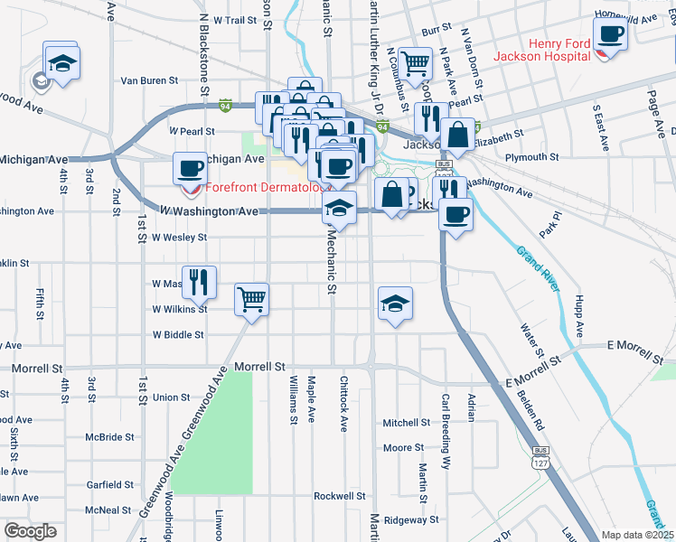 map of restaurants, bars, coffee shops, grocery stores, and more near 107 East Mason Street in Jackson