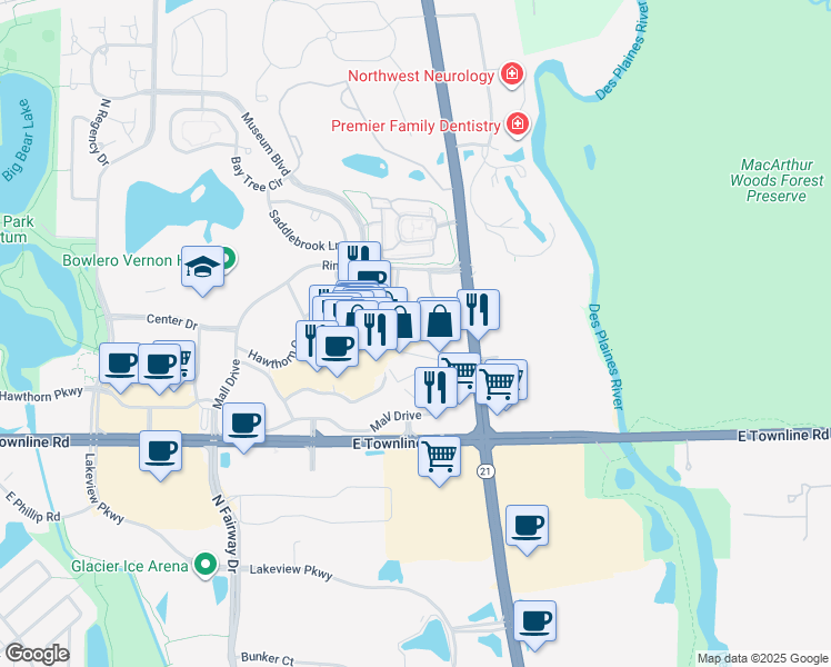 map of restaurants, bars, coffee shops, grocery stores, and more near 624 Hawthorn Center in Vernon Hills