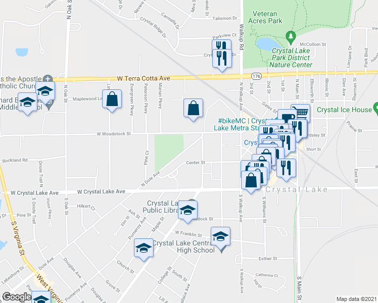 map of restaurants, bars, coffee shops, grocery stores, and more near 130 Center Street in Crystal Lake