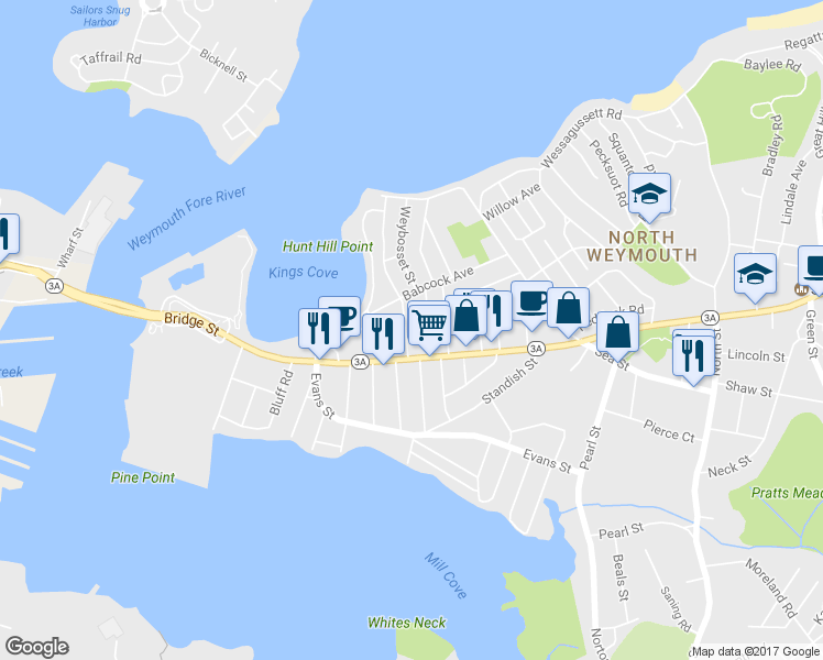 map of restaurants, bars, coffee shops, grocery stores, and more near 21 Birchbrow Avenue in Weymouth
