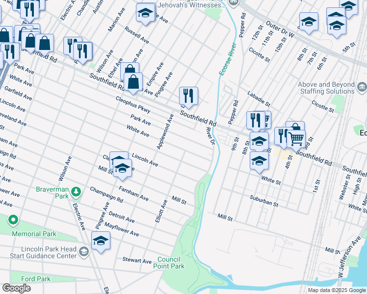 map of restaurants, bars, coffee shops, grocery stores, and more near 510 White Avenue in Lincoln Park