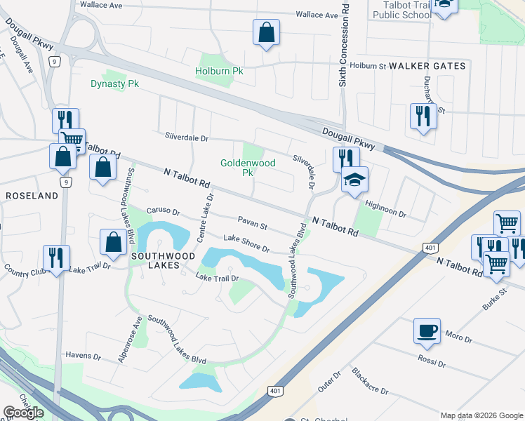 map of restaurants, bars, coffee shops, grocery stores, and more near 918 Pavan Street in Windsor