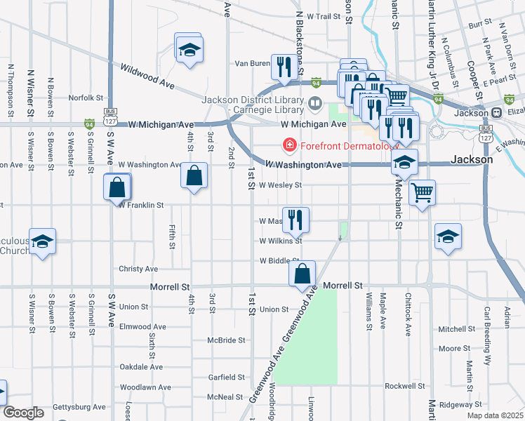 map of restaurants, bars, coffee shops, grocery stores, and more near 337 West Franklin Street in Jackson