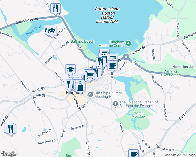 map of restaurants, bars, coffee shops, grocery stores, and more near 27 Station Street in Hingham