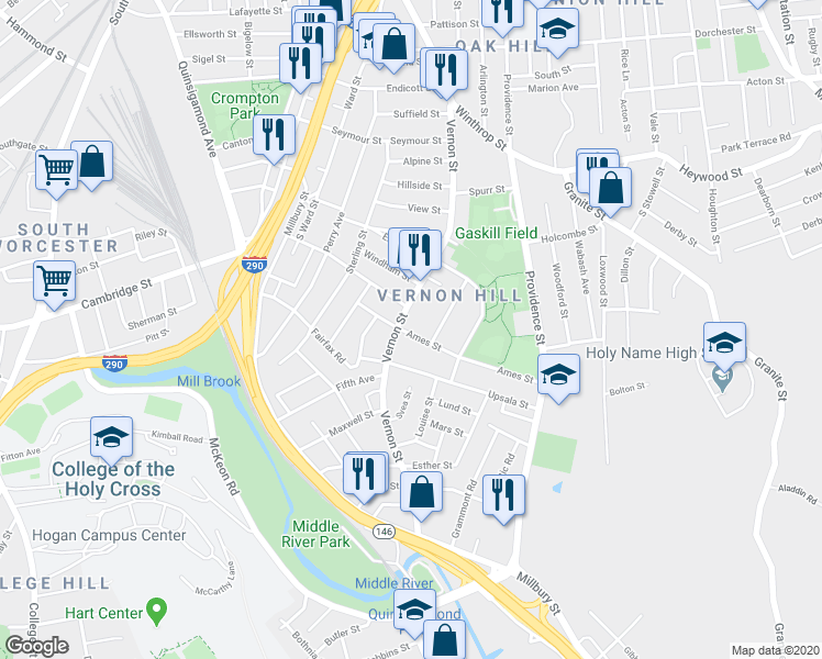 map of restaurants, bars, coffee shops, grocery stores, and more near 1 Ames Street in Worcester