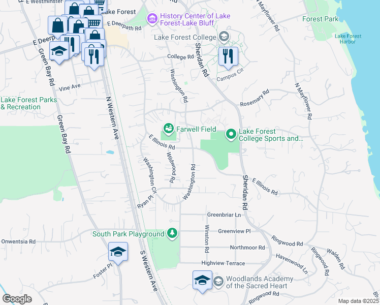map of restaurants, bars, coffee shops, grocery stores, and more near 177 Washington Road in Lake Forest