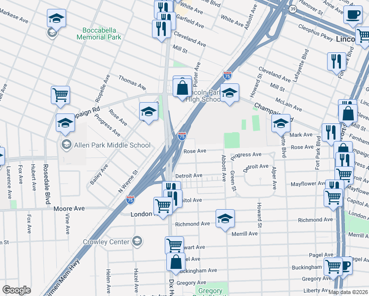 map of restaurants, bars, coffee shops, grocery stores, and more near 1828 Rose Avenue in Lincoln Park
