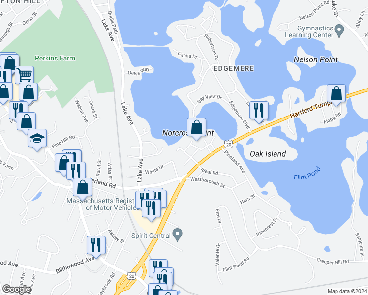map of restaurants, bars, coffee shops, grocery stores, and more near 3 Ek Court in Shrewsbury