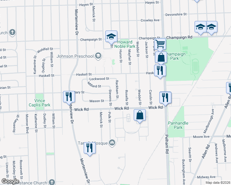 map of restaurants, bars, coffee shops, grocery stores, and more near 9045 Stevens Street in Taylor