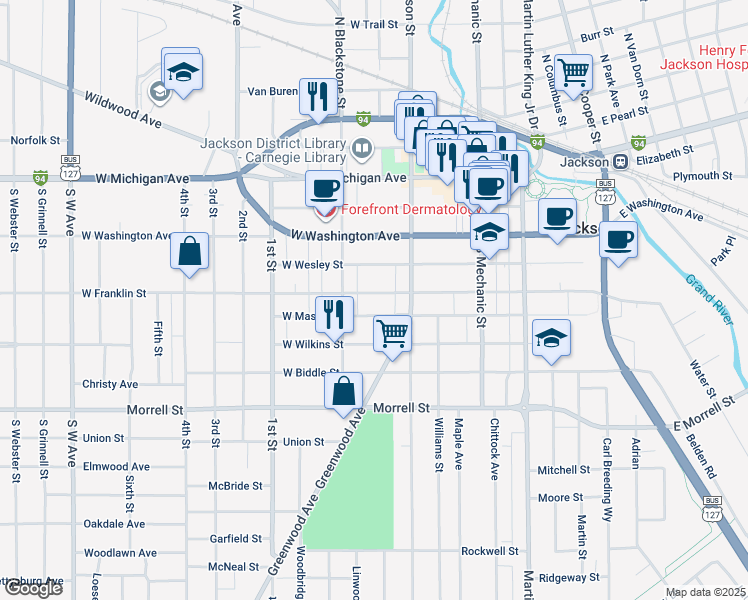 map of restaurants, bars, coffee shops, grocery stores, and more near 223 West Franklin Street in Jackson