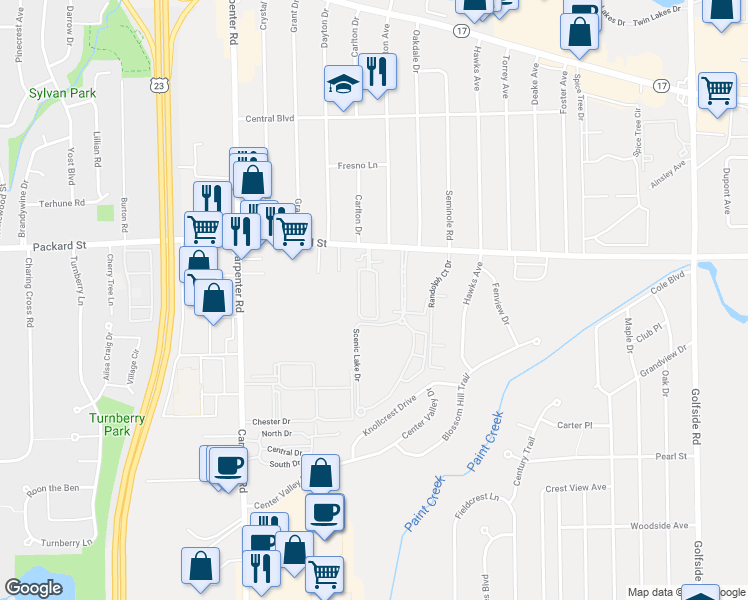 map of restaurants, bars, coffee shops, grocery stores, and more near 3138 Promenade Circle in Ann Arbor