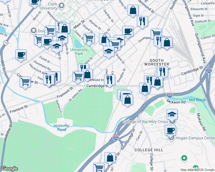 map of restaurants, bars, coffee shops, grocery stores, and more near Cambridge Street in Worcester