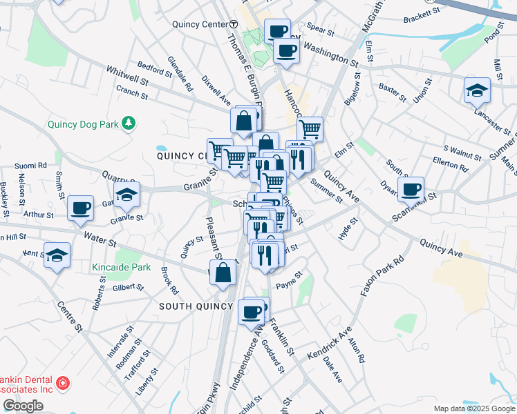 map of restaurants, bars, coffee shops, grocery stores, and more near 9 Franklin Place in Quincy