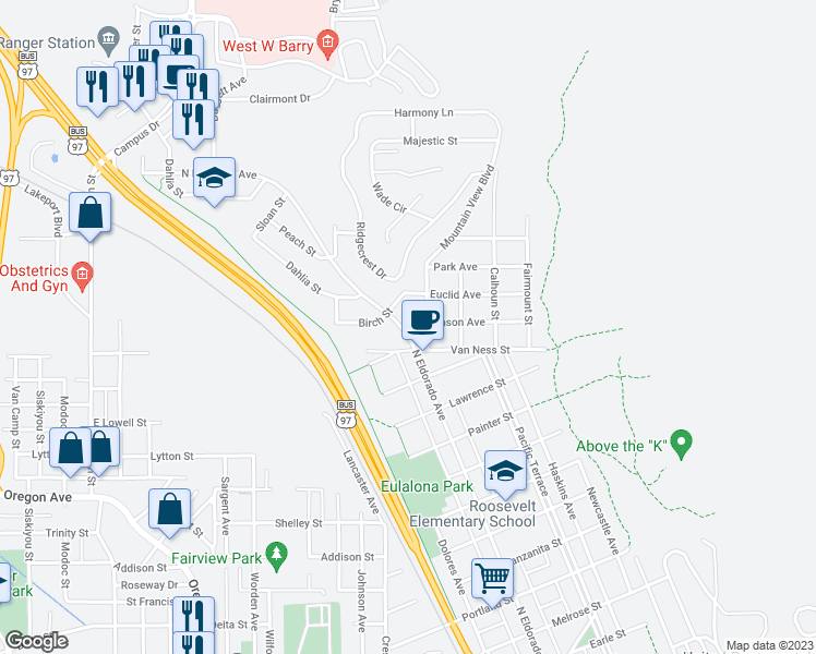 map of restaurants, bars, coffee shops, grocery stores, and more near 1640 North Eldorado Avenue in Klamath Falls