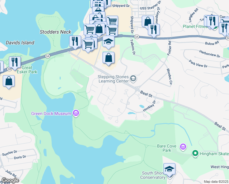 map of restaurants, bars, coffee shops, grocery stores, and more near 601 Tucker's Lane in Hingham
