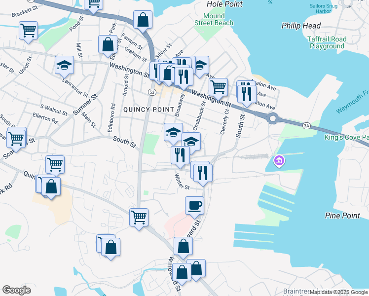 map of restaurants, bars, coffee shops, grocery stores, and more near 26 Chubbuck Street in Quincy
