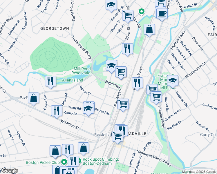 map of restaurants, bars, coffee shops, grocery stores, and more near 83 Readville Street in Boston