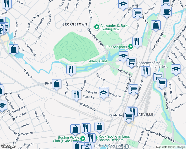 map of restaurants, bars, coffee shops, grocery stores, and more near 75 Imbaro Road in Boston