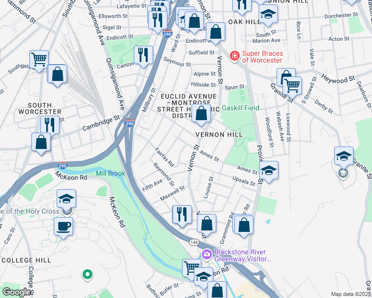 map of restaurants, bars, coffee shops, grocery stores, and more near 176 Vernon Street in Worcester