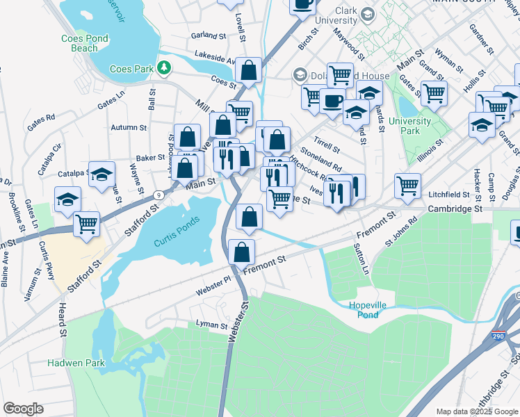 map of restaurants, bars, coffee shops, grocery stores, and more near 50 Cambridge Street in Worcester