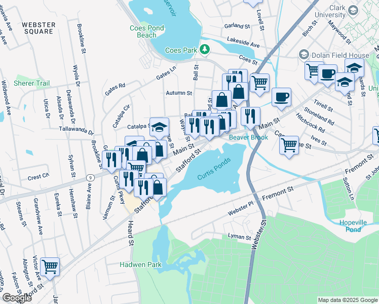 map of restaurants, bars, coffee shops, grocery stores, and more near in Worcester