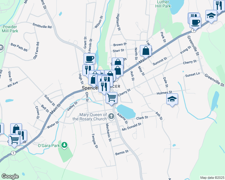 map of restaurants, bars, coffee shops, grocery stores, and more near 17 Cherry Street in Spencer