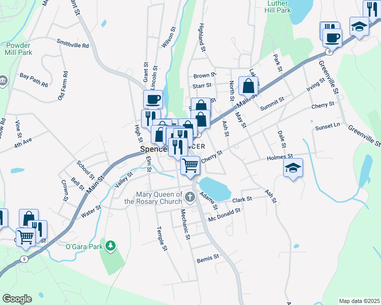 map of restaurants, bars, coffee shops, grocery stores, and more near 17 Cherry Street in Spencer