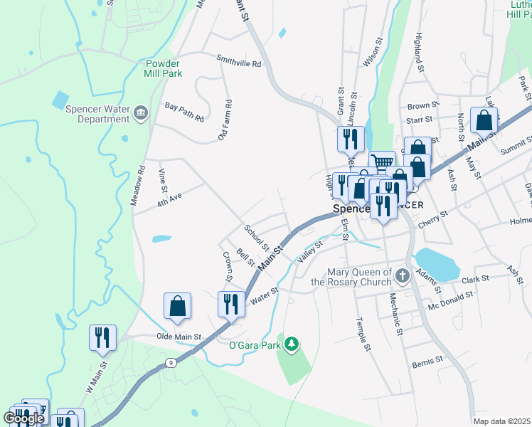 map of restaurants, bars, coffee shops, grocery stores, and more near 13 South Street in Spencer