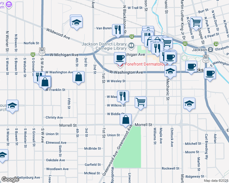 map of restaurants, bars, coffee shops, grocery stores, and more near 337 West Mason Street in Jackson