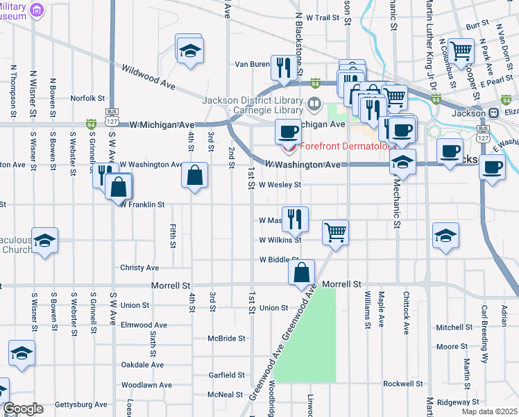 map of restaurants, bars, coffee shops, grocery stores, and more near 337 West Mason Street in Jackson