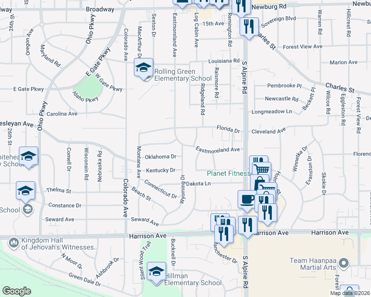 map of restaurants, bars, coffee shops, grocery stores, and more near 2116 Wyoming Drive in Rockford