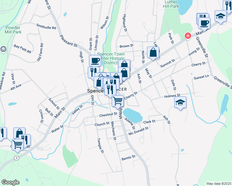 map of restaurants, bars, coffee shops, grocery stores, and more near 17 Cherry Street in Spencer