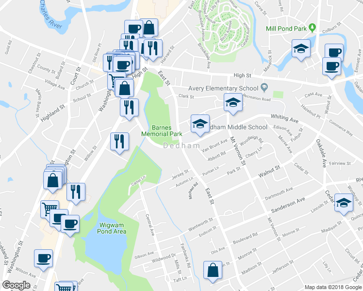 map of restaurants, bars, coffee shops, grocery stores, and more near East St & Eastern Ave in Dedham