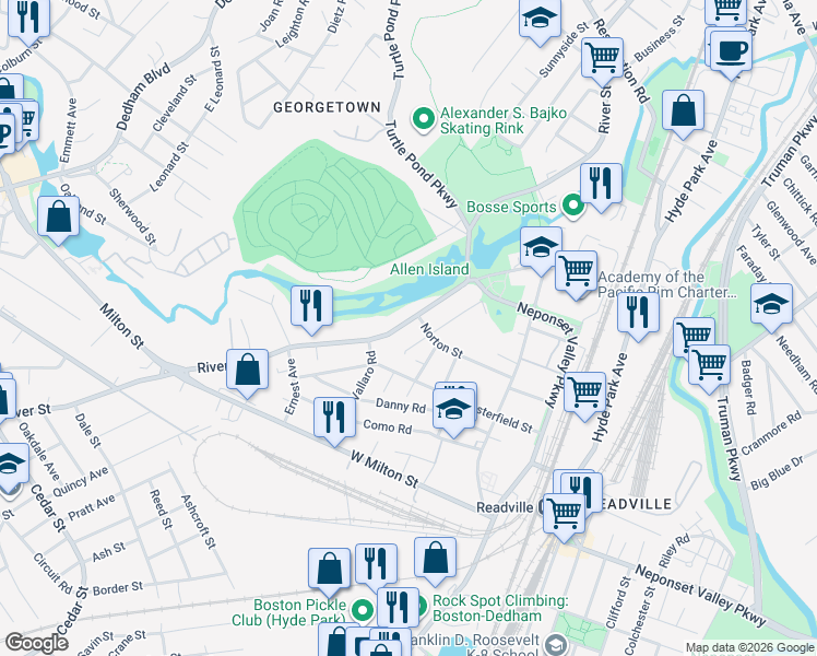 map of restaurants, bars, coffee shops, grocery stores, and more near 75 Imbaro Road in Boston