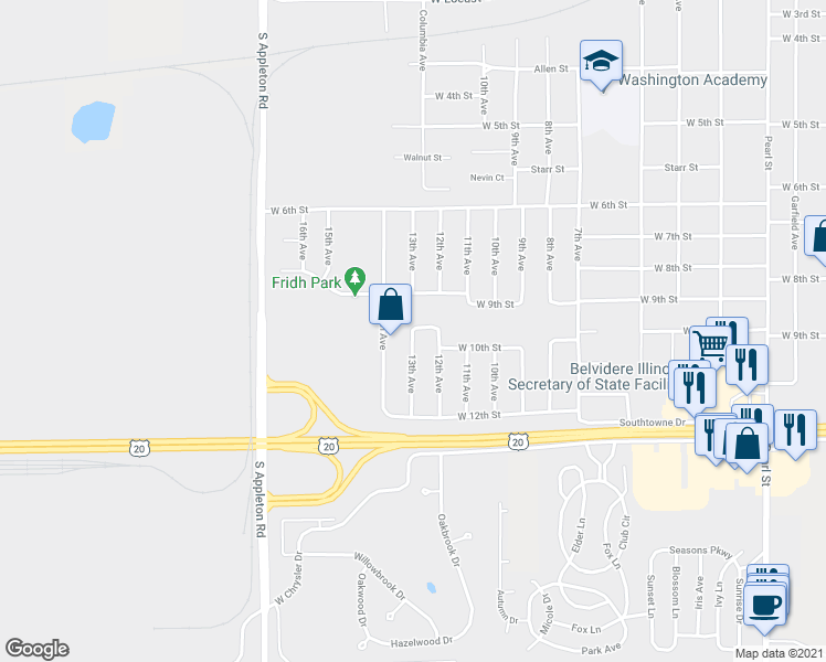map of restaurants, bars, coffee shops, grocery stores, and more near 1536 West 10th Street in Belvidere