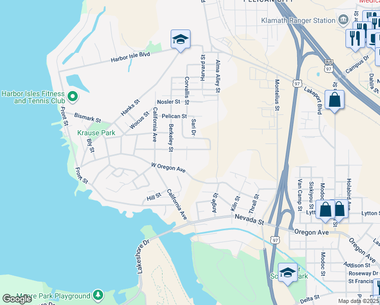 map of restaurants, bars, coffee shops, grocery stores, and more near 2451 Corvallis Street in Klamath Falls