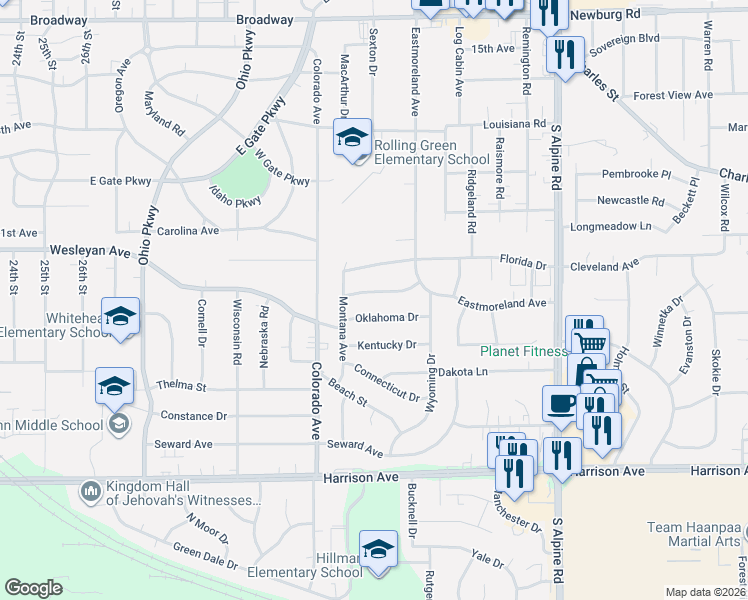 map of restaurants, bars, coffee shops, grocery stores, and more near 3723 Oklahoma Drive in Rockford
