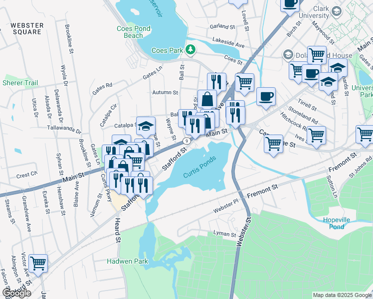 map of restaurants, bars, coffee shops, grocery stores, and more near in Worcester