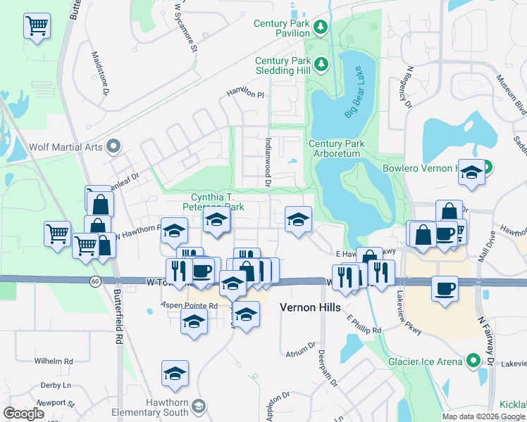 map of restaurants, bars, coffee shops, grocery stores, and more near 250 West Hawthorn Parkway in Vernon Hills