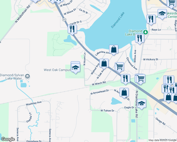 map of restaurants, bars, coffee shops, grocery stores, and more near 26151 North Walnut Avenue in Mundelein