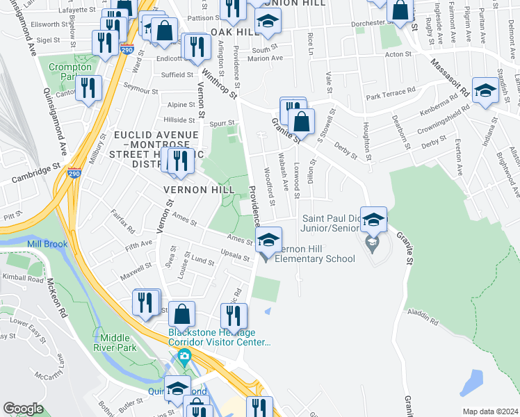 map of restaurants, bars, coffee shops, grocery stores, and more near 171 Providence Street in Worcester