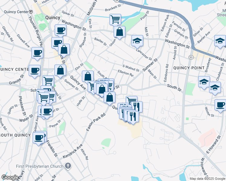map of restaurants, bars, coffee shops, grocery stores, and more near 25 Martensen Street in Quincy