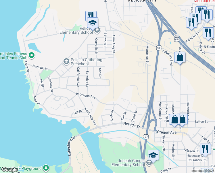 map of restaurants, bars, coffee shops, grocery stores, and more near 2440 Harvard Street in Klamath Falls