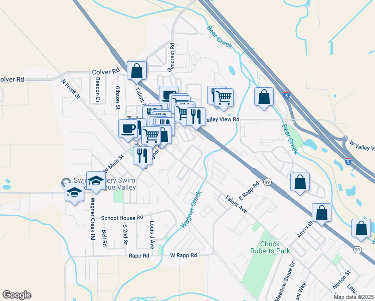 map of restaurants, bars, coffee shops, grocery stores, and more near 320 Gangnes Drive in Talent