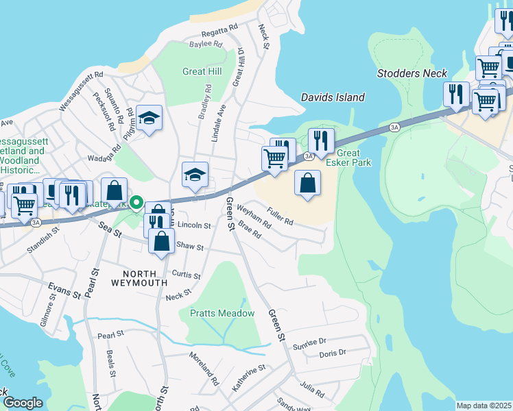 map of restaurants, bars, coffee shops, grocery stores, and more near 48 Weyham Road in Weymouth