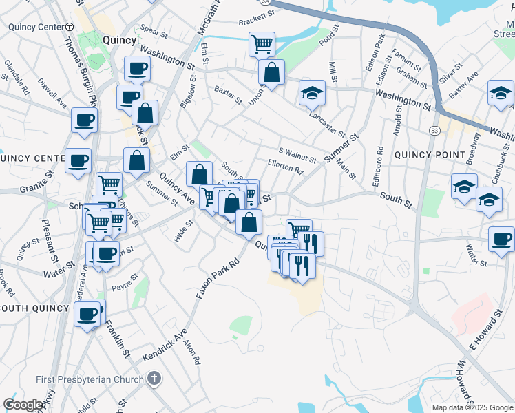 map of restaurants, bars, coffee shops, grocery stores, and more near 25 Martensen Street in Quincy