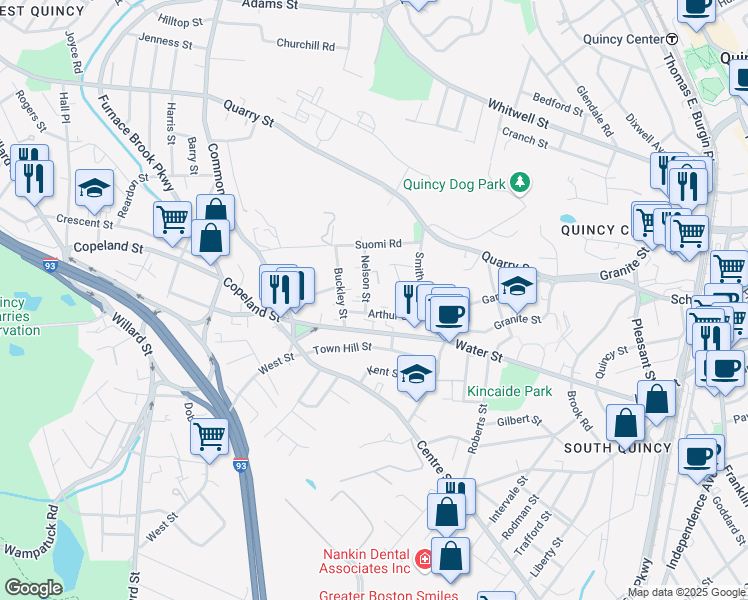 map of restaurants, bars, coffee shops, grocery stores, and more near 74 Arthur Street in Quincy