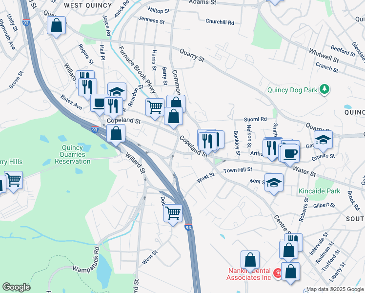 map of restaurants, bars, coffee shops, grocery stores, and more near 1294 Furnace Brook Parkway in Quincy