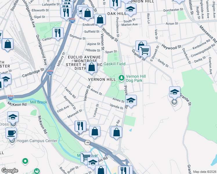 map of restaurants, bars, coffee shops, grocery stores, and more near 25 Ames Street in Worcester